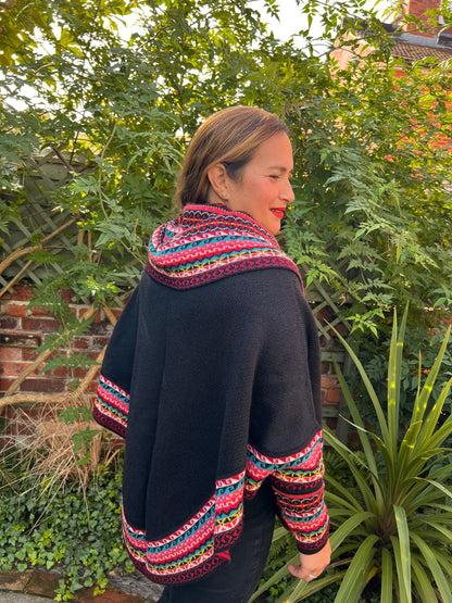 Black & Pink Fair Isle Alpaca Poncho with Sleeves, photo 5