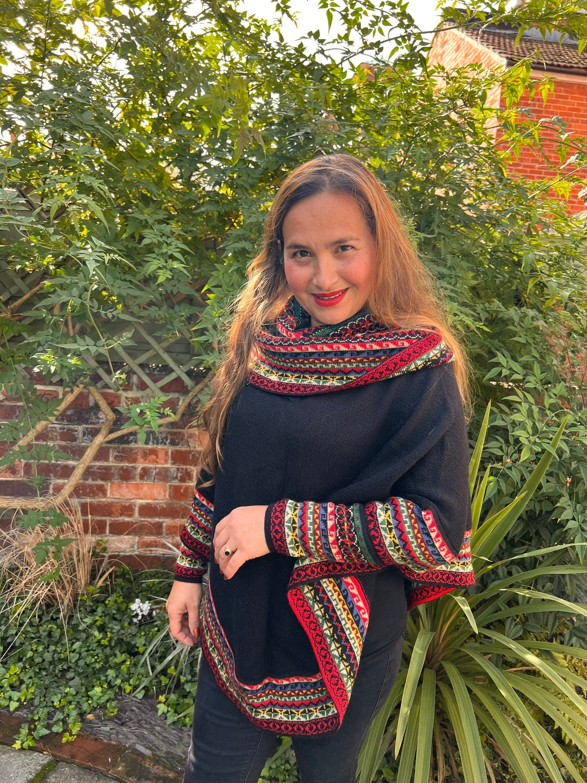 Black & Red Fair Isle Alpaca Poncho with Sleeves, photo 3