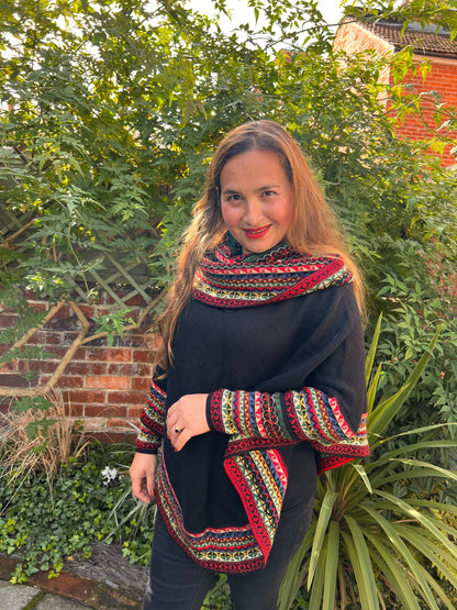 Black & Red Fair Isle Alpaca Poncho with Sleeves, photo 3