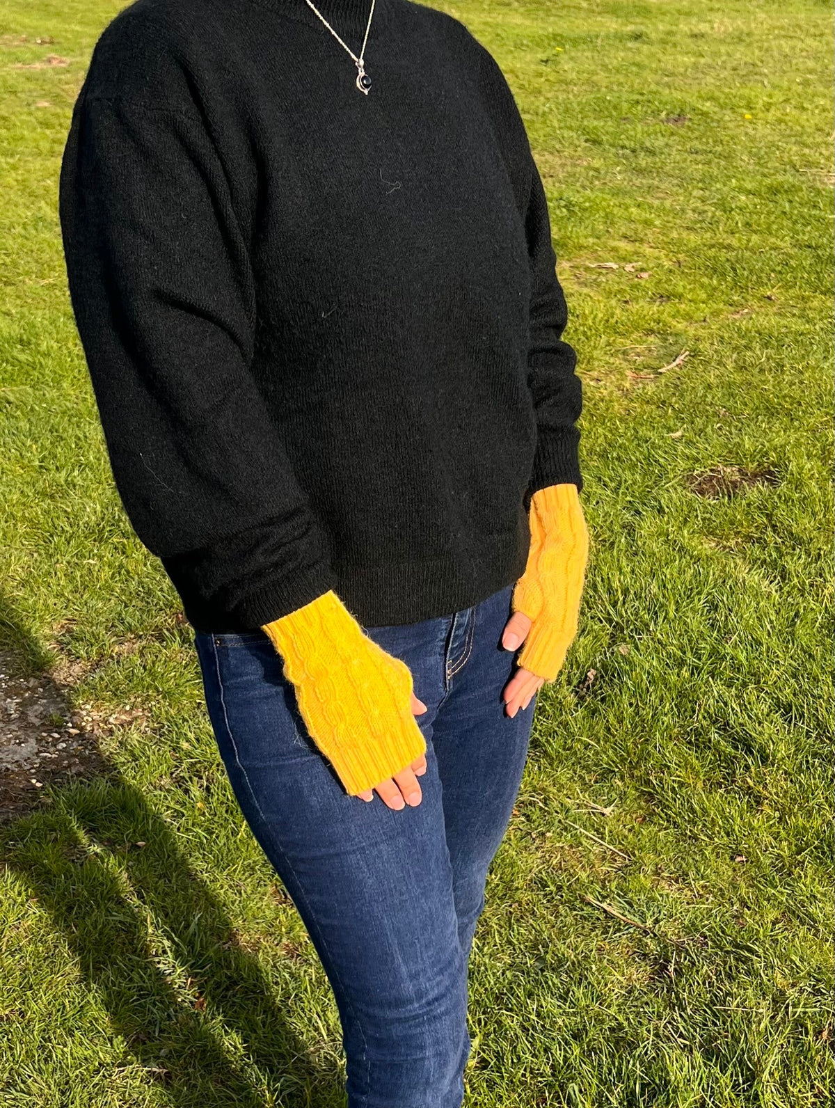Sunshine Yellow Cable Knit Alpaca Fingerless Gloves, photo 3