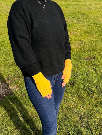 Sunshine Yellow Cable Knit Alpaca Fingerless Gloves, photo 3