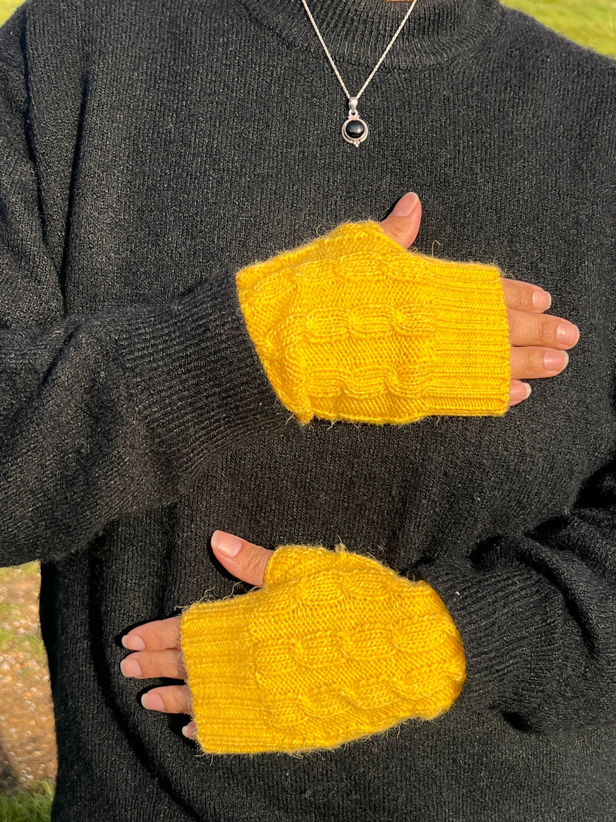 Sunshine Yellow Cable Knit Alpaca Fingerless Gloves, photo 2