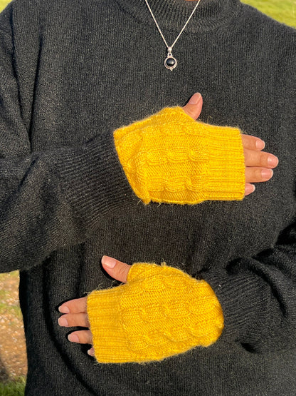 Sunshine Yellow Cable Knit Alpaca Fingerless Gloves, photo 2