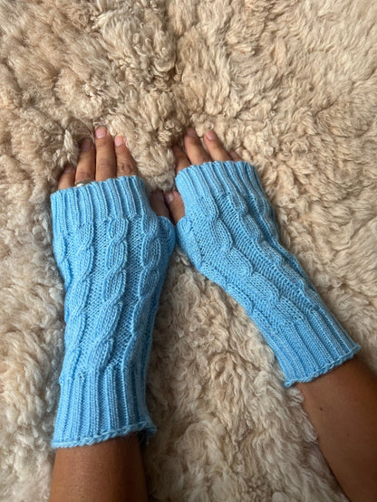 Baby Blue Cable Knit Alpaca Fingerless Gloves, photo 2
