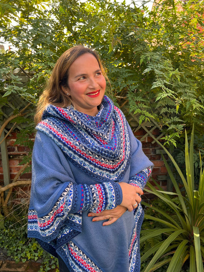 Denim Blue & Pink Fair Isle Alpaca Poncho with Sleeves, photo 5