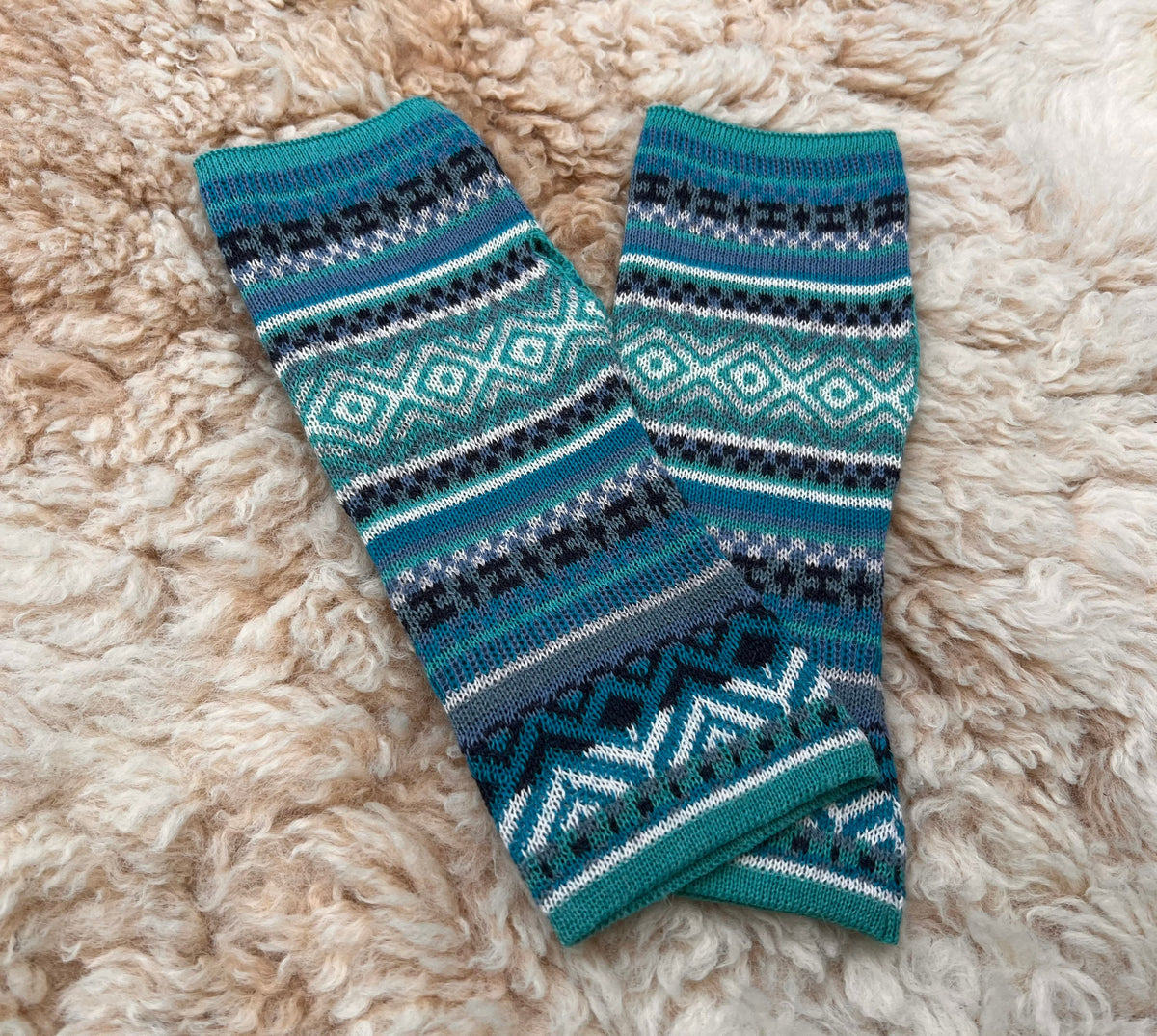 Aqua & Teal Fair Isle Baby Alpaca Fingerless Gloves, photo 6