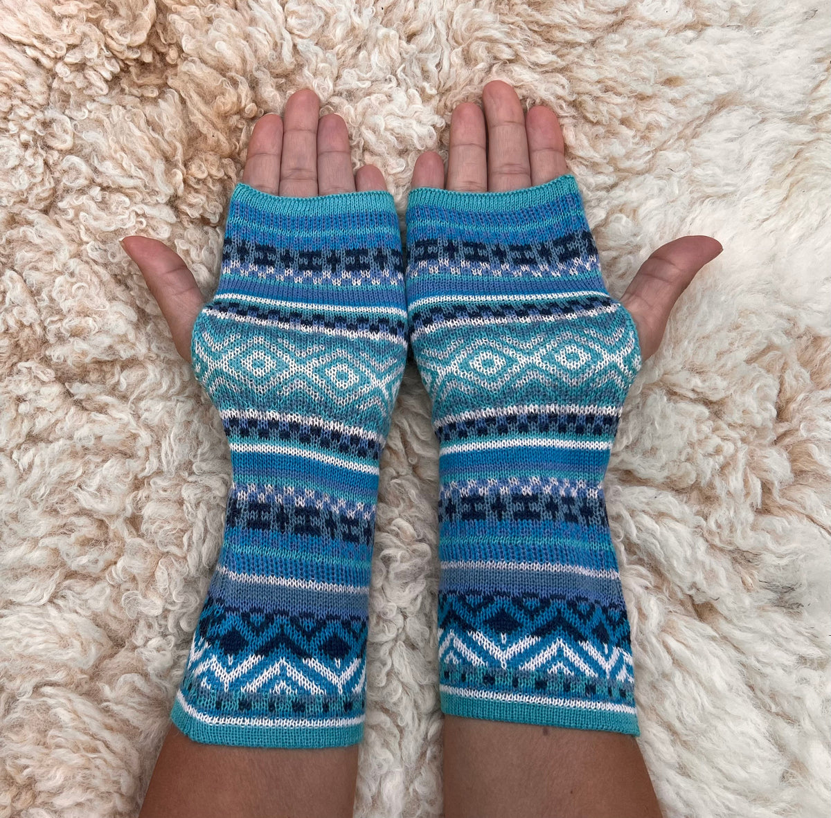 Aqua & Teal Fair Isle Baby Alpaca Fingerless Gloves, photo 3