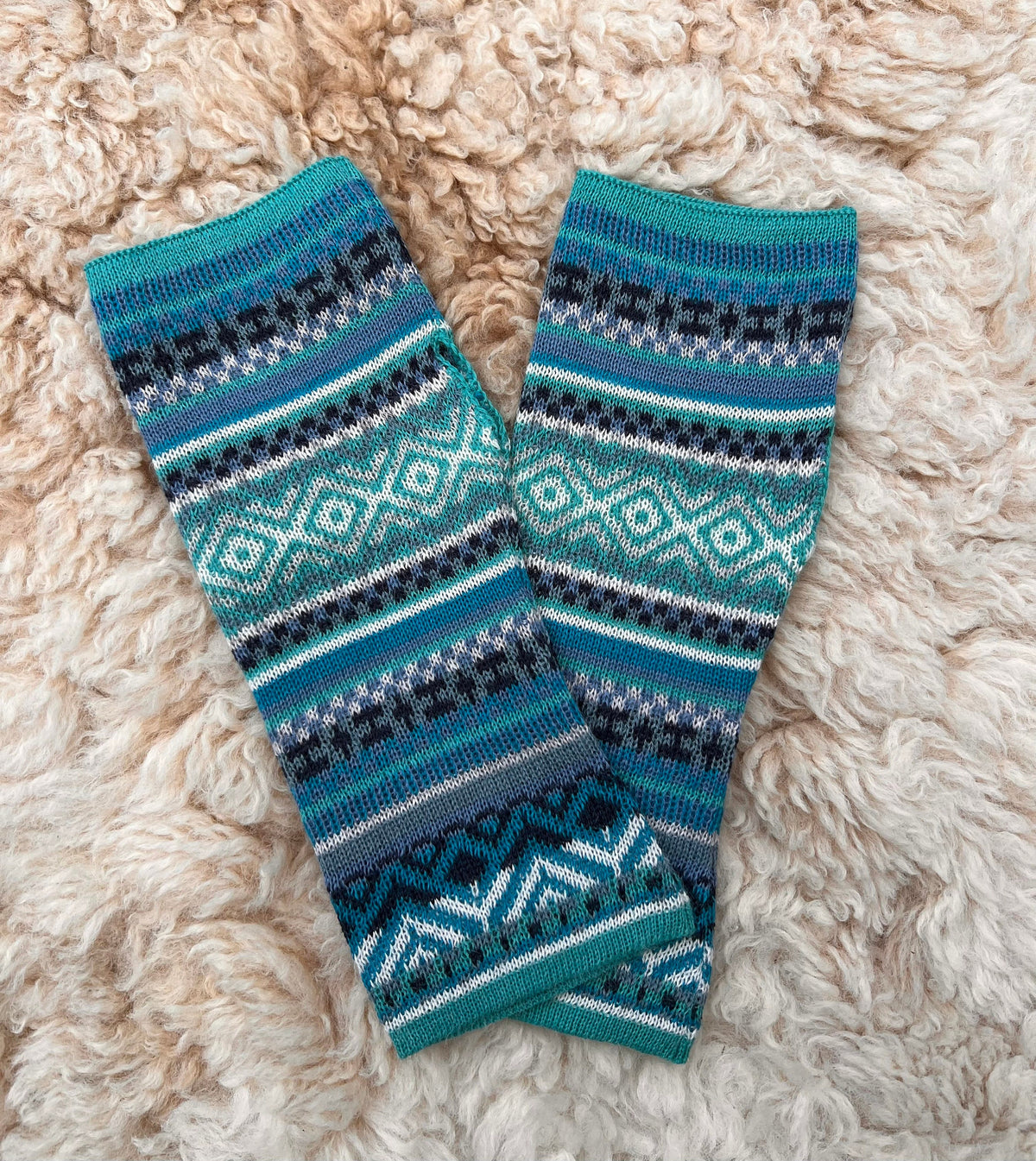 Aqua & Teal Fair Isle Baby Alpaca Fingerless Gloves