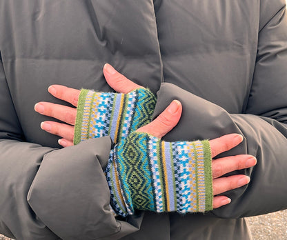 Olive Green & Teal Fair Isle Baby Alpaca Fingerless Gloves, photo 4