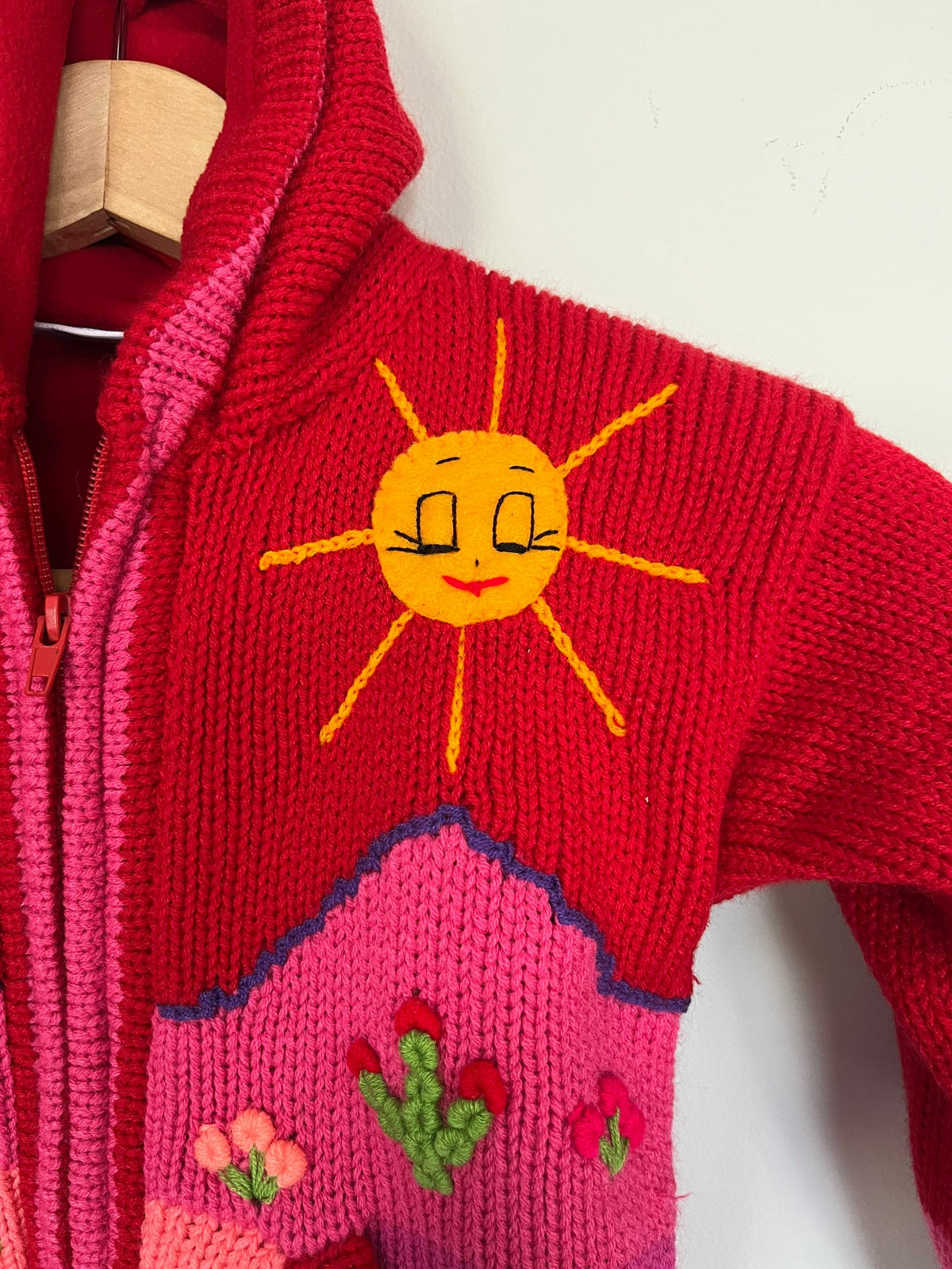 Red & Pink Hand-Embroidered Fleece-Lined Kids Cardigan, photo 4
