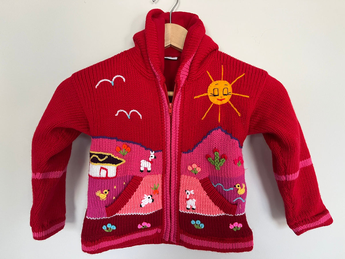 Red & Pink Hand-Embroidered Fleece-Lined Kids Cardigan