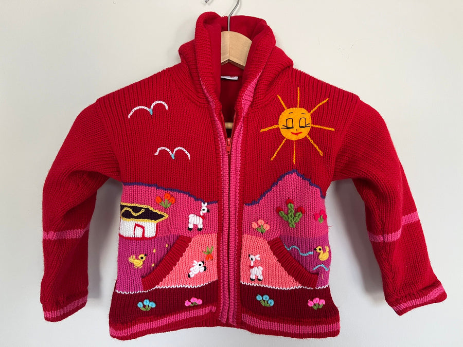 Red & Pink Hand-Embroidered Fleece-Lined Kids Cardigan