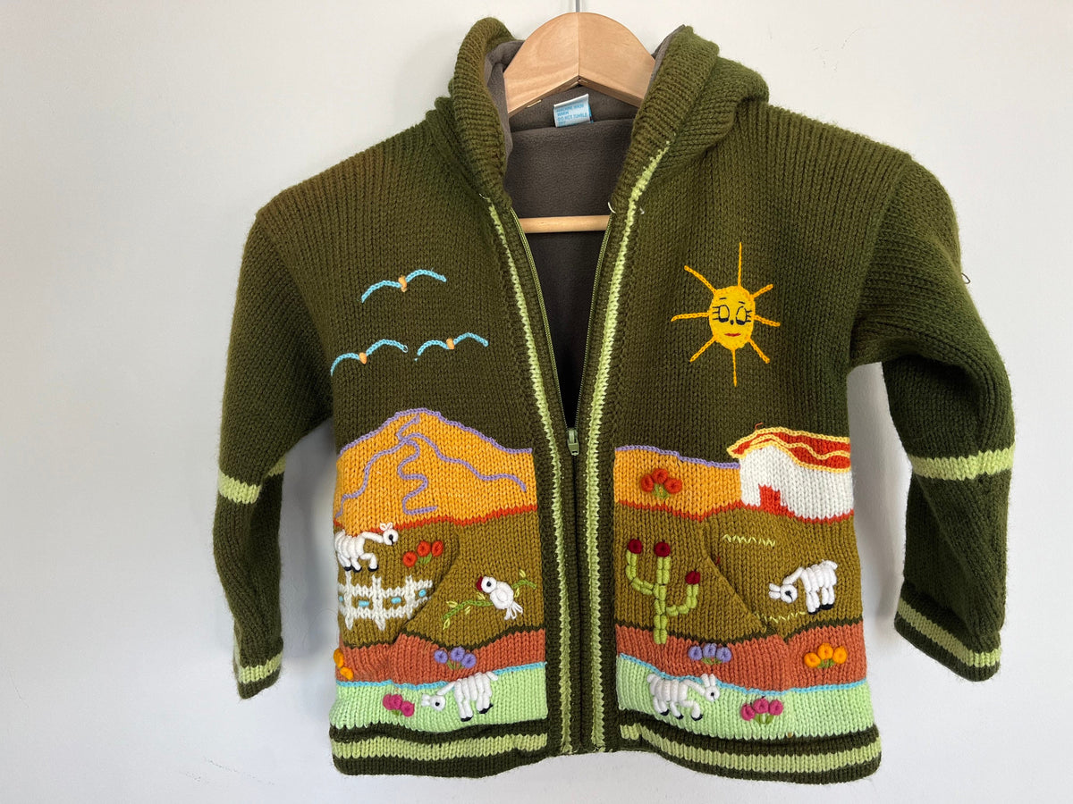 Olive Green Hand-Embroidered Fleece-Lined Kids Cardigan