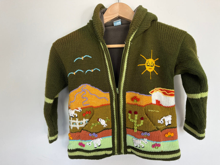 Olive Green Hand-Embroidered Fleece-Lined Kids Cardigan