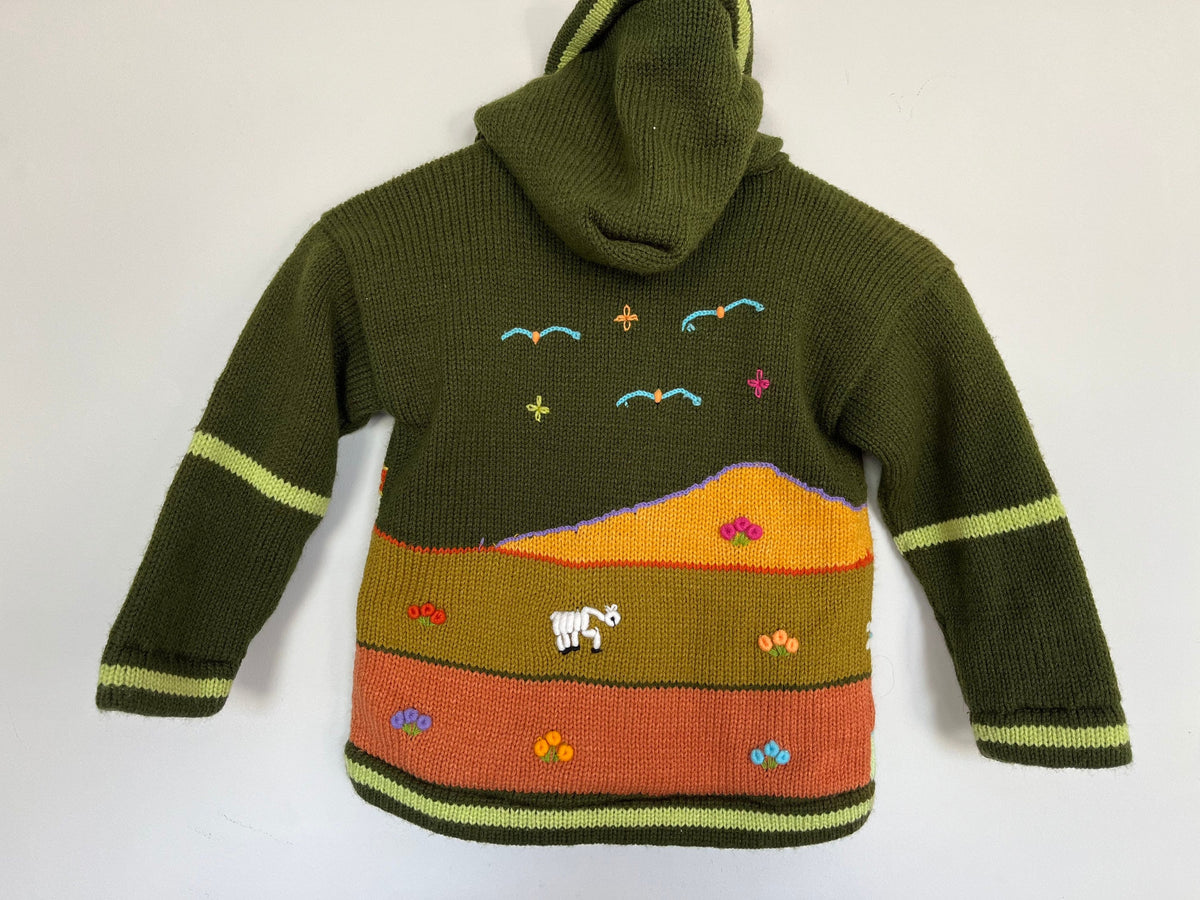 Olive Green Hand-Embroidered Fleece-Lined Kids Cardigan, photo 3