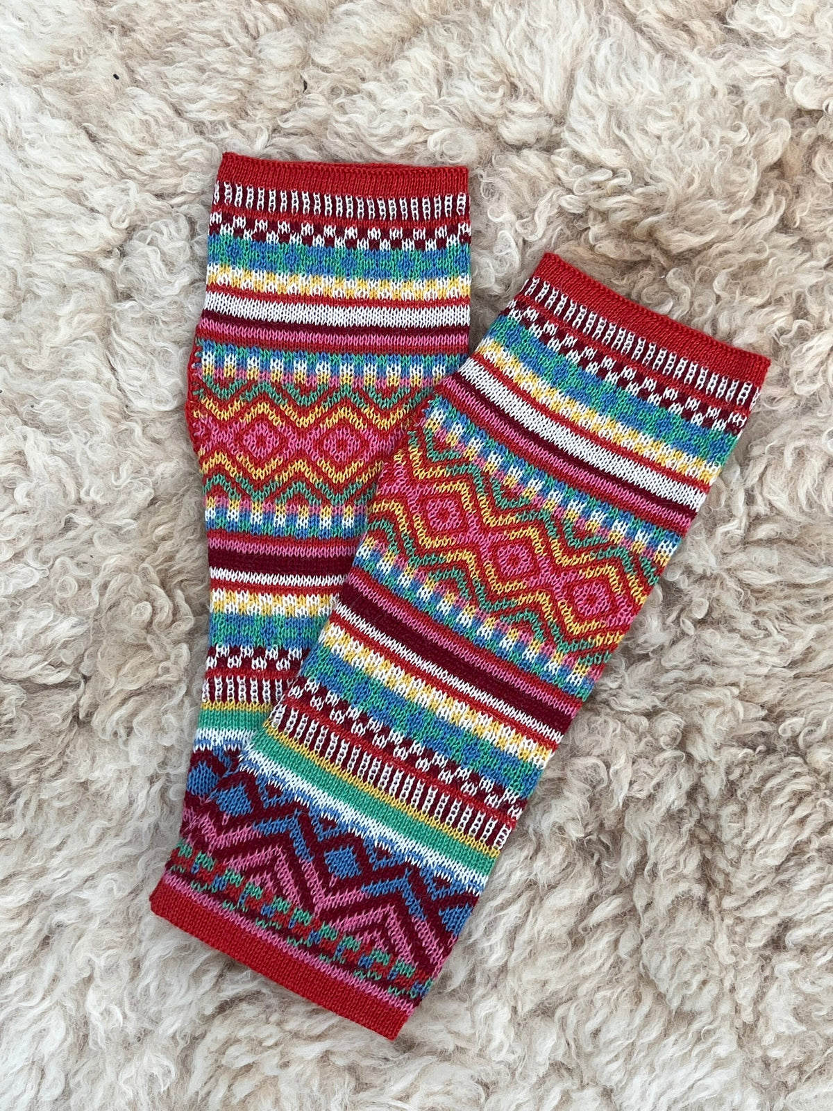 Red Rainbow Fair Isle Baby Alpaca Fingerless Gloves