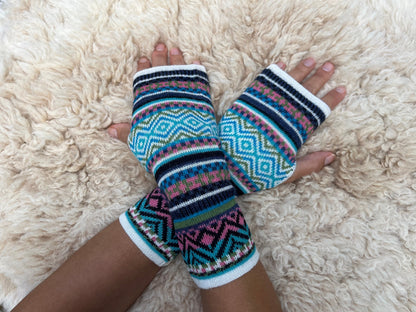Turquoise & Pink Fair Isle Baby Alpaca Fingerless Gloves, photo 4