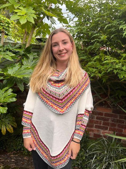Cream & Coral Fair Isle Alpaca Poncho with Sleeves, photo 5