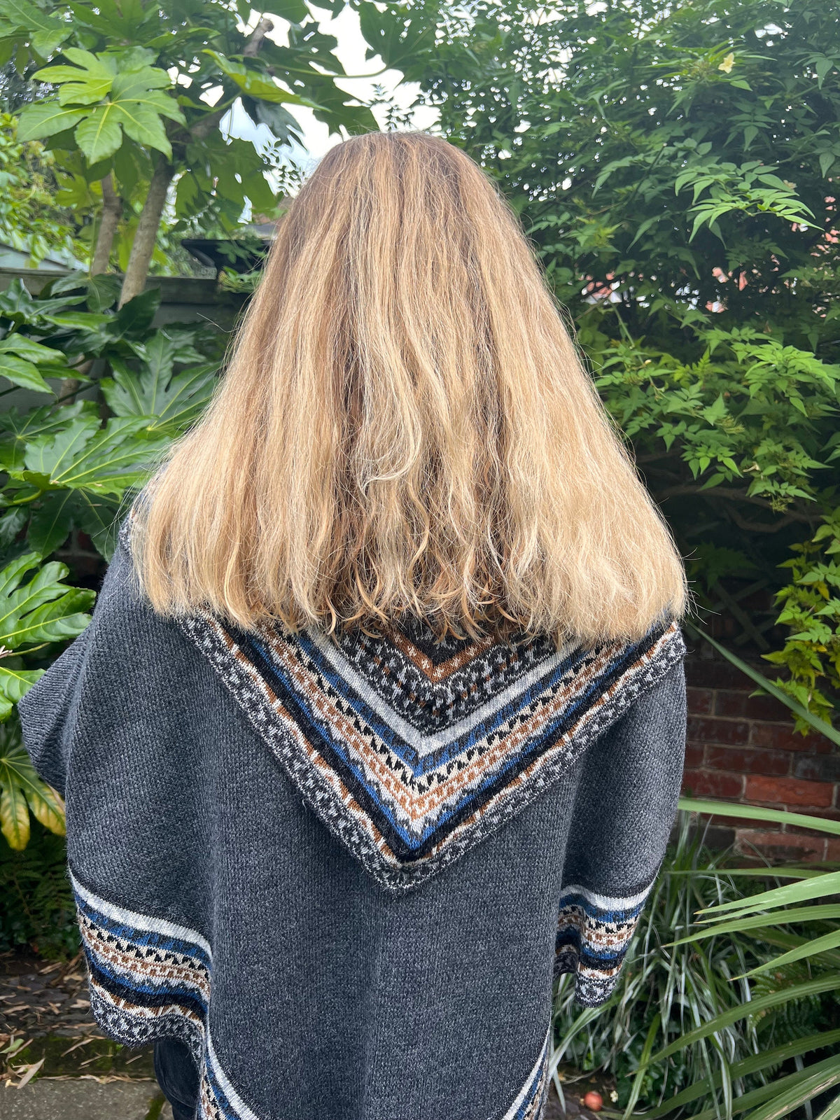 Grey & Tan Fair Isle Alpaca Poncho with Sleeves, photo 7