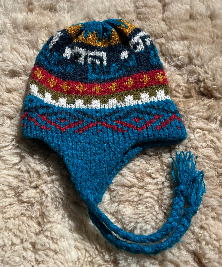 Turquoise Peruvian Alpaca Chullo Hat with Ear Flaps