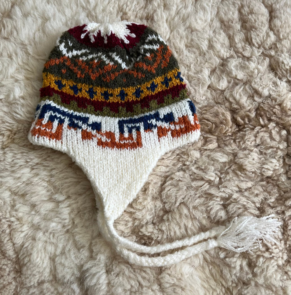 White Peruvian Alpaca Chullo Hat with Ear Flaps