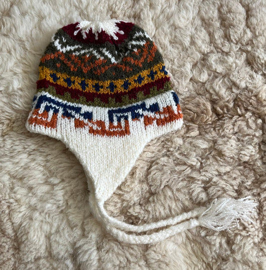 White Peruvian Alpaca Chullo Hat with Ear Flaps