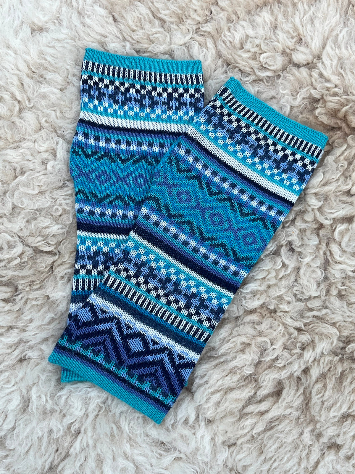 Turquoise & Navy Fair Isle Baby Alpaca Fingerless Gloves, photo 6
