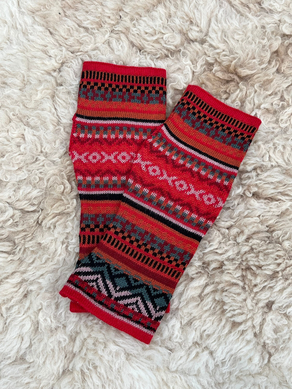 Scarlet Red Fair Isle Baby Alpaca Fingerless Gloves