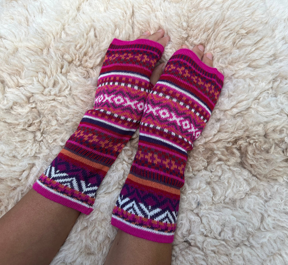 Magenta & Burgundy Fair Isle Baby Alpaca Fingerless Gloves, photo 6