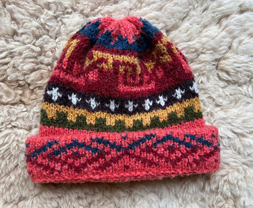 Salmon Pink Fair Isle Alpaca Slouch Beanie