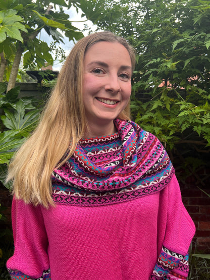 Hot Pink Fair Isle Alpaca Poncho with Sleeves, photo 2