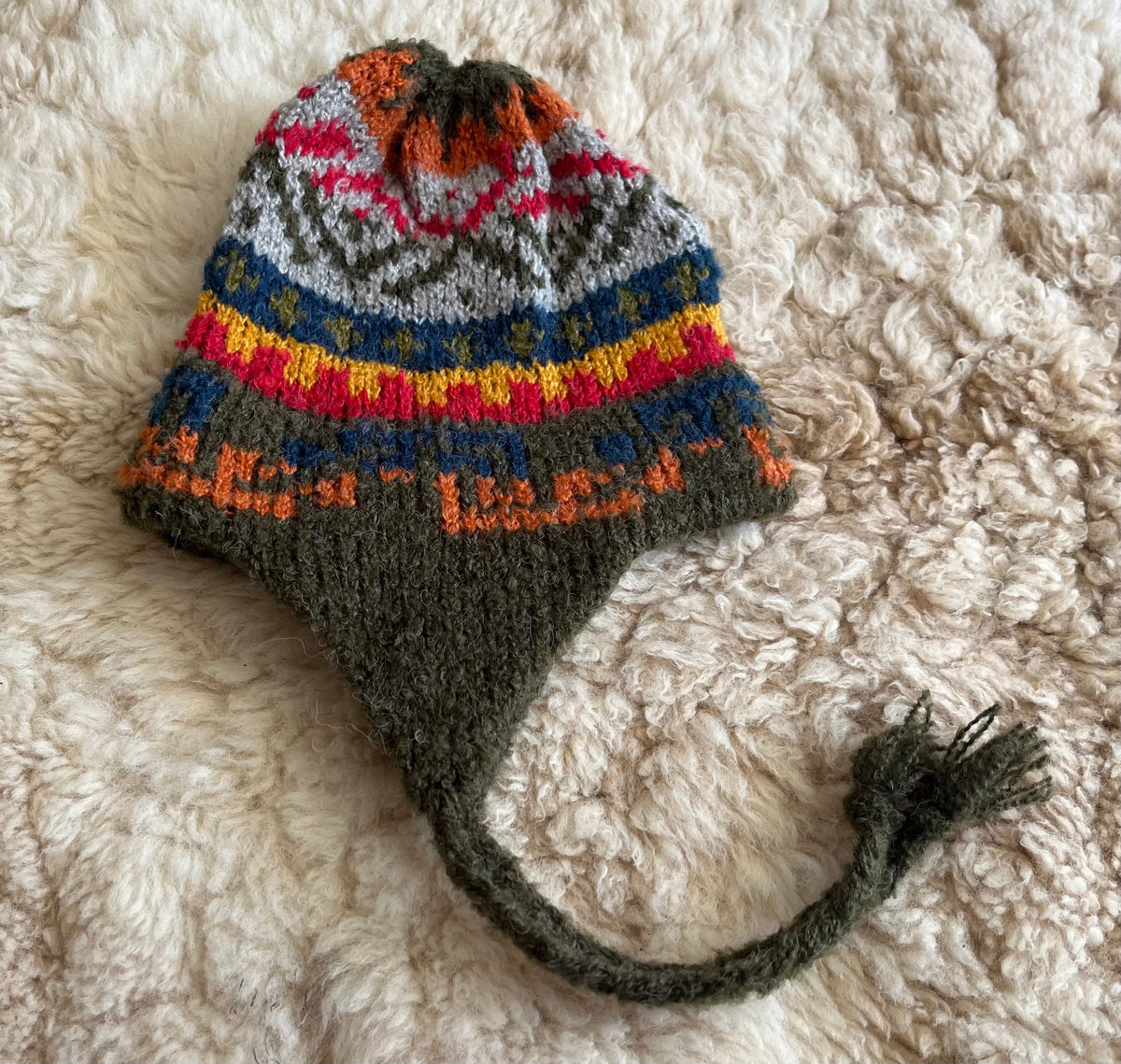 Olive Green Peruvian Alpaca Chullo Hat with Ear Flaps