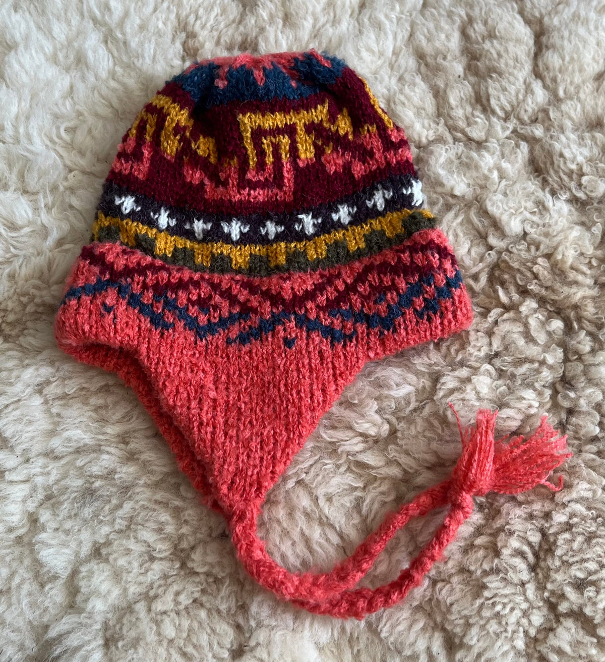 Salmon Pink Peruvian Alpaca Chullo Hat with Ear Flaps