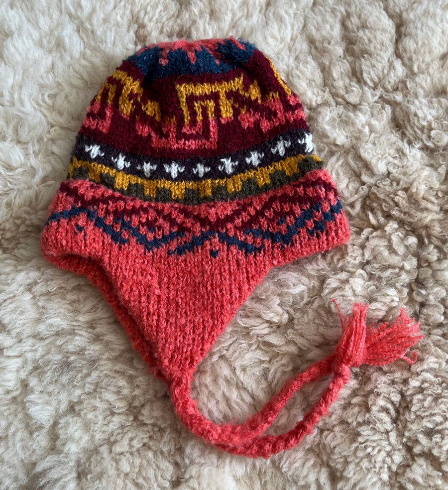 Salmon Pink Peruvian Alpaca Chullo Hat with Ear Flaps