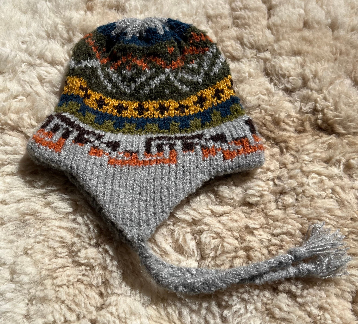 Grey Peruvian Alpaca Chullo Hat with Ear Flaps