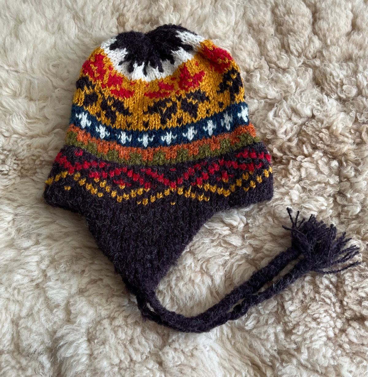 Dark Purple Peruvian Alpaca Chullo Hat with Ear Flaps