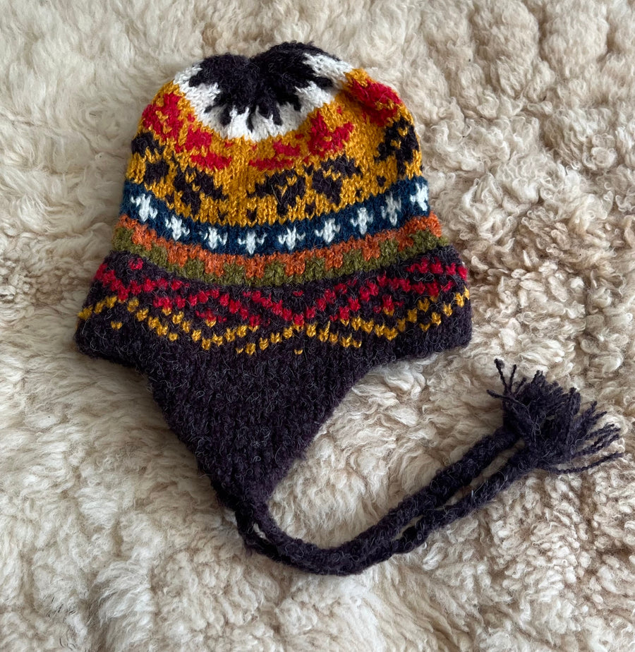Dark Purple Peruvian Alpaca Chullo Hat with Ear Flaps
