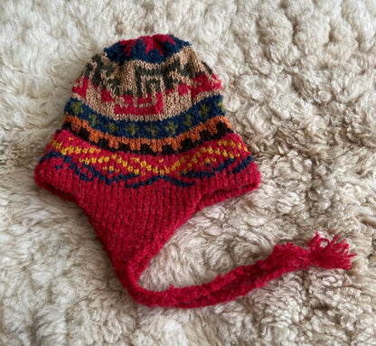 Red Peruvian Alpaca Chullo Hat with Ear Flaps