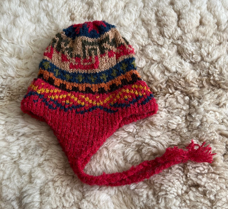 Red Peruvian Alpaca Chullo Hat with Ear Flaps