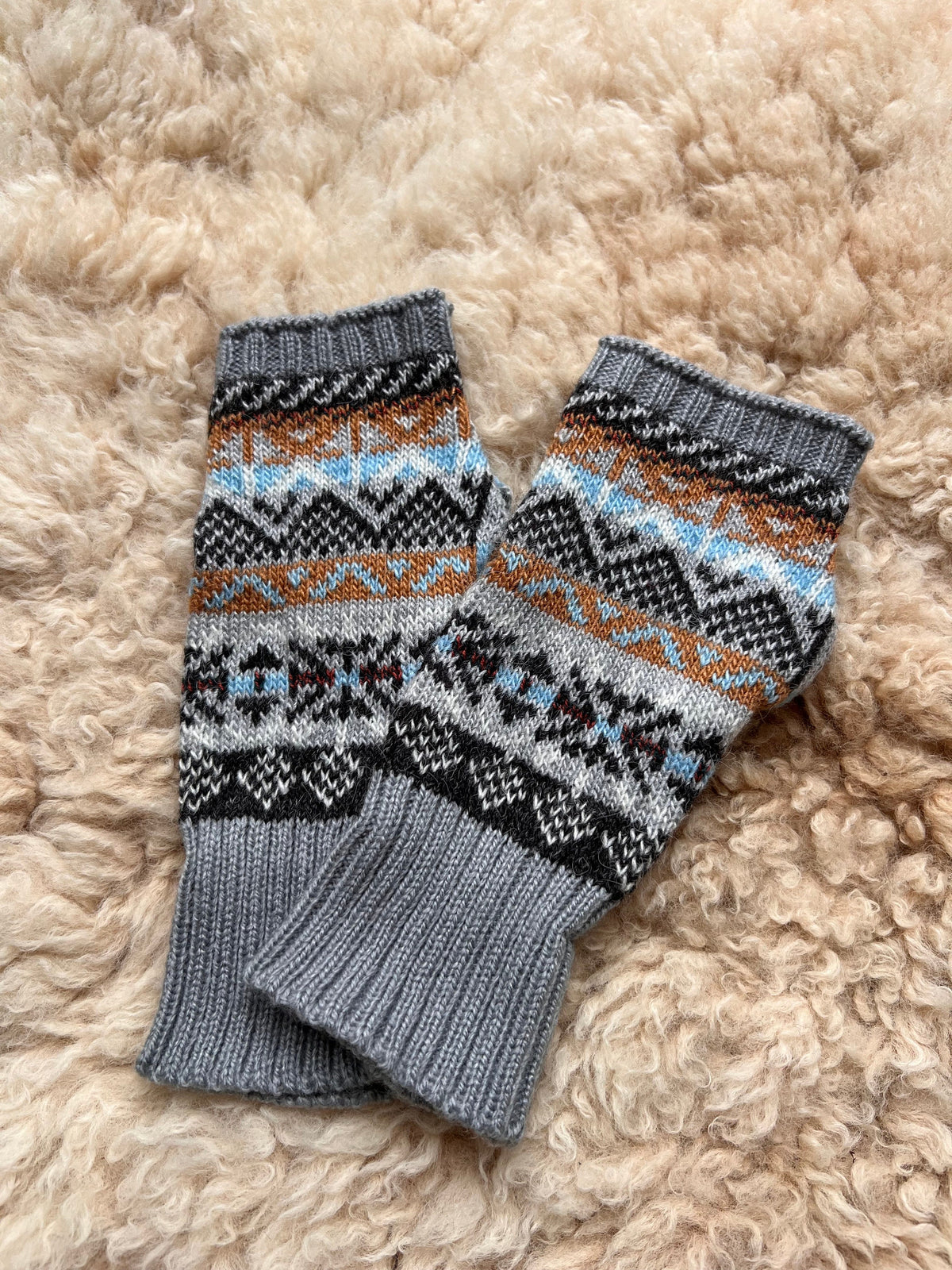 Grey & Blue Fair Isle Alpaca Fingerless Gloves