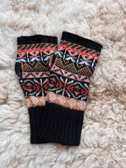 Black & Peach Fair Isle Alpaca Fingerless Gloves