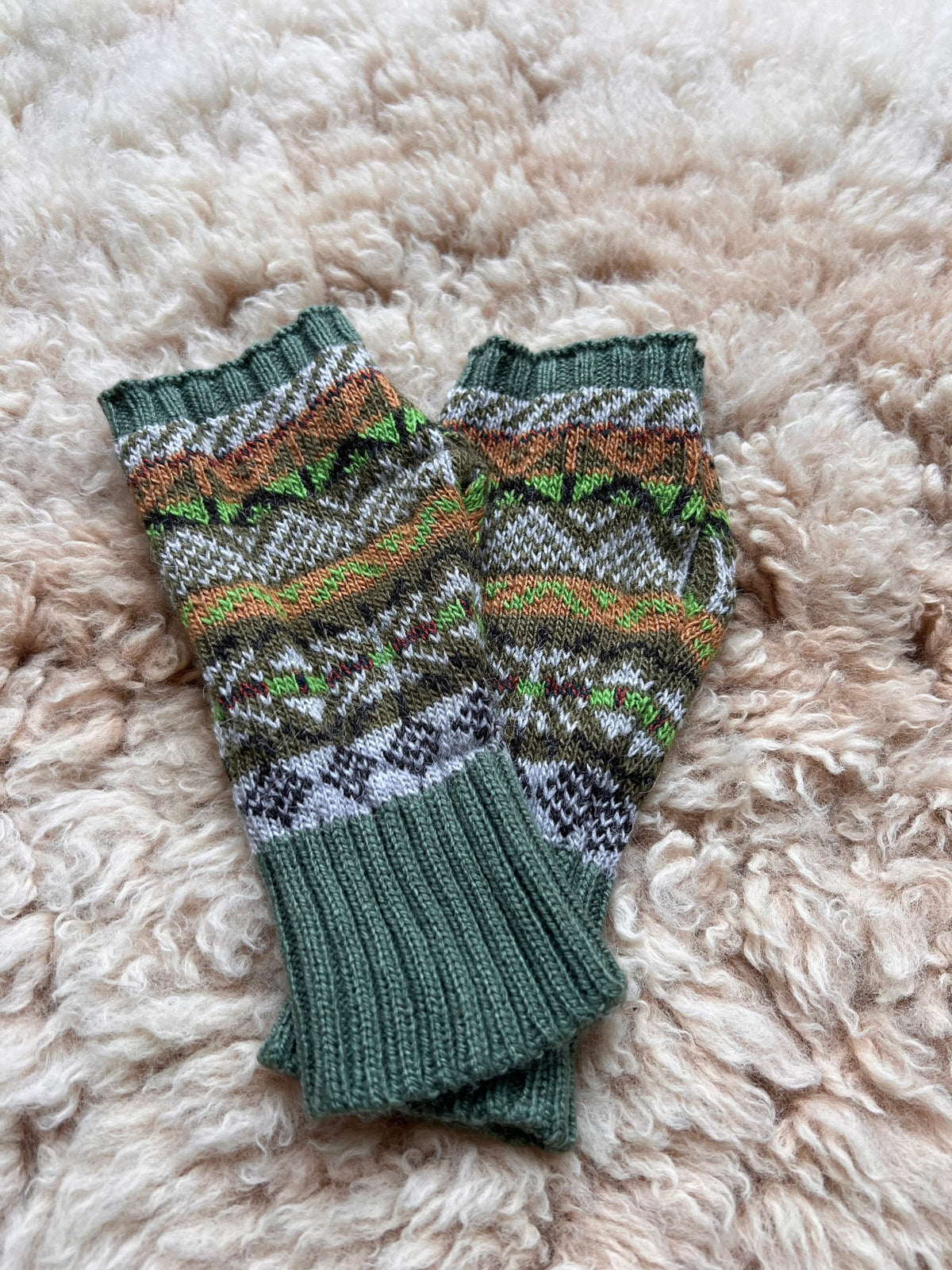 Sage Green Fair Isle Alpaca Fingerless Gloves