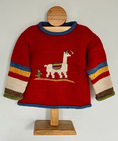 Red Llama Hand-Embroidered Alpaca Kids Jumper