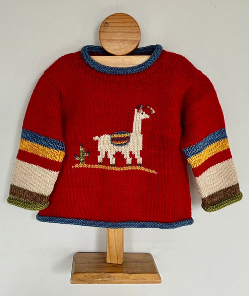 Red Llama Hand-Embroidered Alpaca Kids Jumper