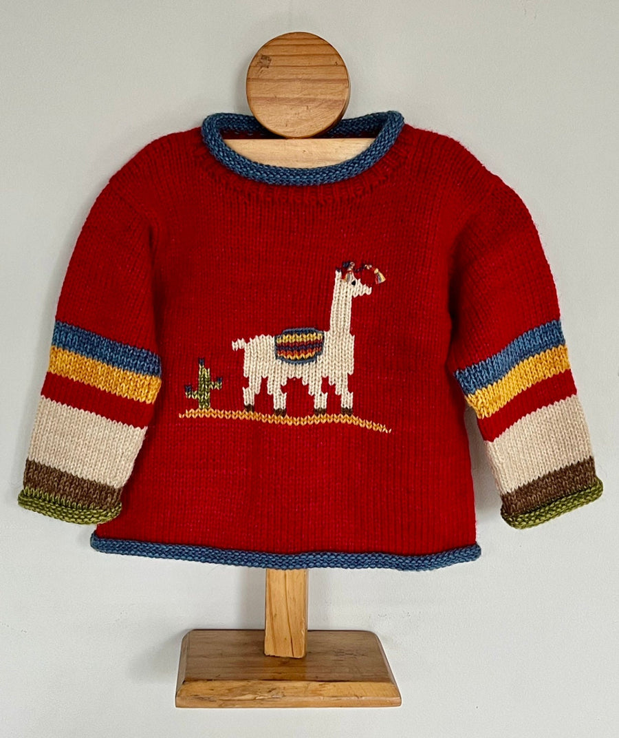 Red Llama Hand-Embroidered Alpaca Kids Jumper