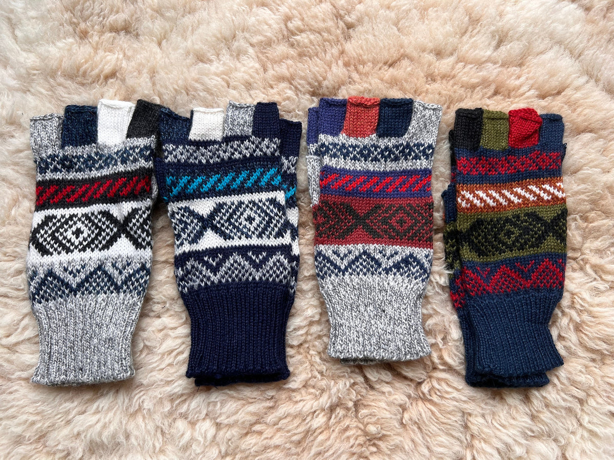 Grey & Navy Andean Fair Isle Half-Finger Alpaca Gloves