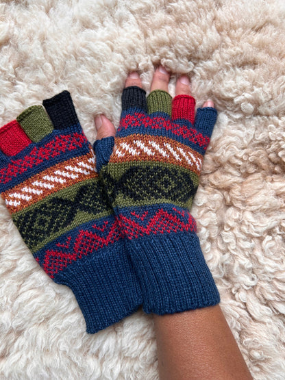 Grey & Navy Andean Fair Isle Half-Finger Alpaca Gloves, photo 2