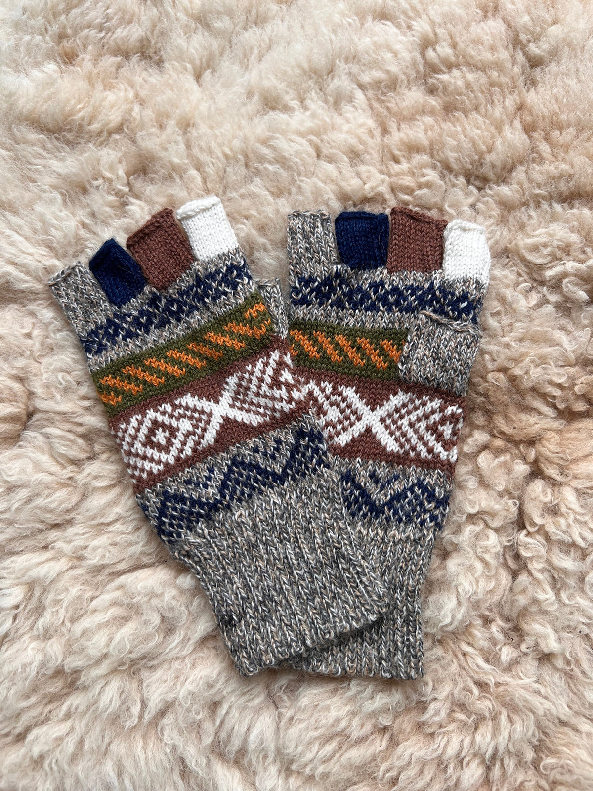 Blue & Oatmeal Andean Fair Isle Half-Finger Alpaca Gloves, photo 4