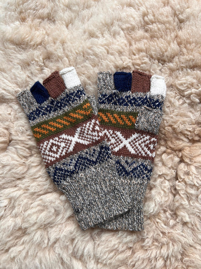 Blue & Oatmeal Andean Fair Isle Half-Finger Alpaca Gloves, photo 4