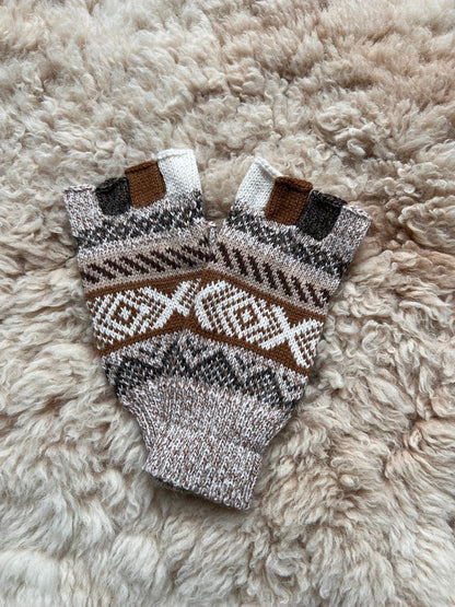 Blue & Oatmeal Andean Fair Isle Half-Finger Alpaca Gloves, photo 6
